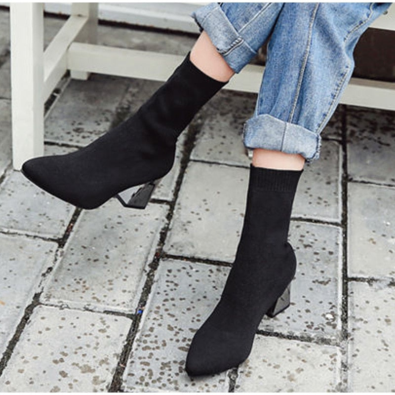 POSHOOT Women Knitting Elastic Ankle Boots Autumn Square Middle Heels Female Pointed Toe Short Sock Boot Ladies Casual Fashion Shoes