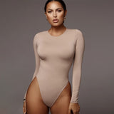 Poshoot    V Neck Button Bodycon Bodysuit Women Solid Long Sleeve Overall Body Tops Rompers Casual Autumn Winter Slim Bodysuits