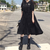Poshoot   Japanese Harajuku Women Black Midi Dress Gothic Style Suspenders Bandage Dress Vintage Ruffles Long Baggy Cosplay Costume
