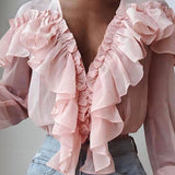 POSHOOT 2022  Solid Ruffles Blouse Women Long Sleeve Tunic Tops Casual Loose Shirt Ladies Elegant Sexy Deep V-Neck Thin Blusas Mujer