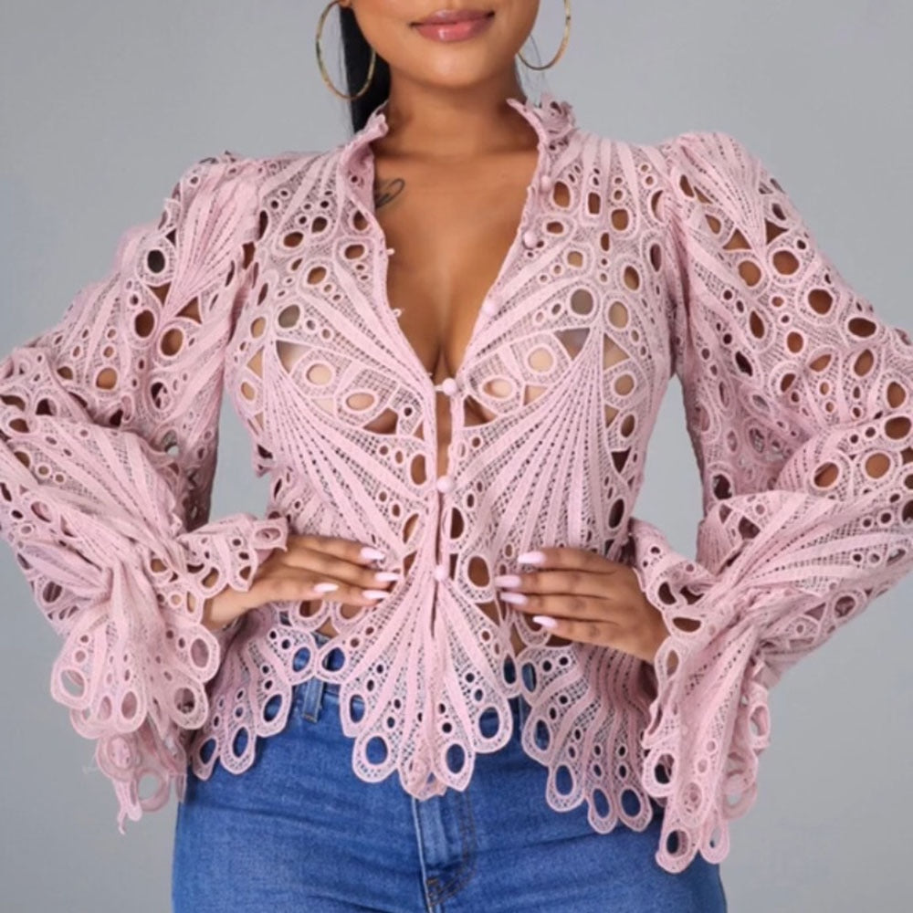 POSHOOT Fashion Woman Blouses 2022 Sexy Ladies White Lace Hollow Out Party Night Club Flare Long Sleeve Tops Female Autumn Pink Shirt