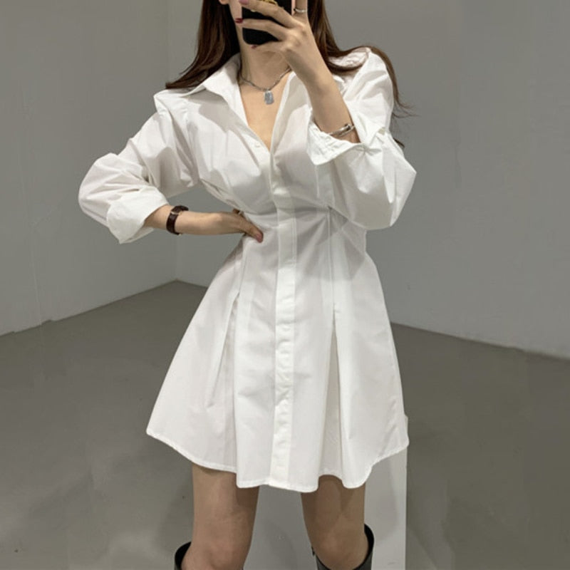 POSHOOT  Autumn Women Shirt Dress White Elegant Long Sleeve Button Up Midi Dress Puff Sleeve Tunic Korean Slim Ladies Vestidos