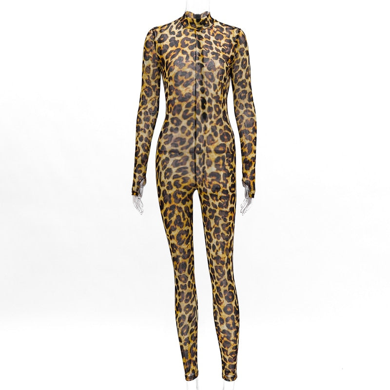 POSHOOT  2023 long sleeve leopard print mesh see-through bodycon  jumpsuit autumn winter women streetwear outfits club body