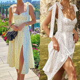 POSHOOT Summer Spring Floral Dress Women's Sexy Casual Fashion Sundress Midi Slip Backless Pleated Slit White Yellow Lace-Up Flowers