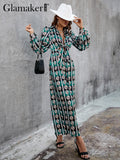 POSHOOT Commute Green Printed Wide Leg Jumpsuits Office Ladies Knotted On The Chest V Neck Long Playsuits Party Dinner Jumpsuit
