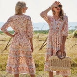 POSHOOT Casual Dress Cotton Midi Chiffon Boho Clothing With Flowers Floral Pattern Summer Loose 2022 Fashion Women A-Line V-Neck Empire