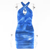 Poshoot  2023 New Tie-Dye Bodycon Dress For Women Party Night Vestidos Cross Lace Up Backless Mini Dress Ladies Elegant Clubwear