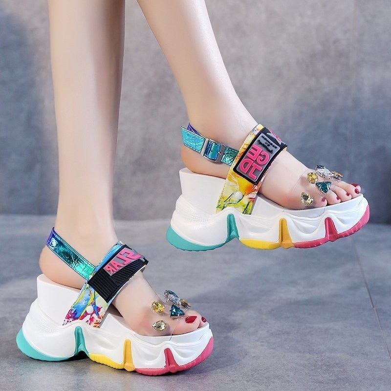 POSHOOT New Women Summer Wedge Sandals Transparent PVC Crystal Chunky Platform Shoes Woman Rainbow Thick Bottom Sandalias