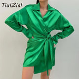 POSHOOT Green Long Sleeve Mini Satin Dress Nothed Lace Up Bandage Wrap Summer Dress High Waist Casual Shirt Dresses Women Blue