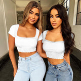 POSHOOT Short Sleeve Slash Neck Crop Tops Women Patchwork Hem Laceup Slim Elastic Sexy Summer Vacation Cropped Top Solid White