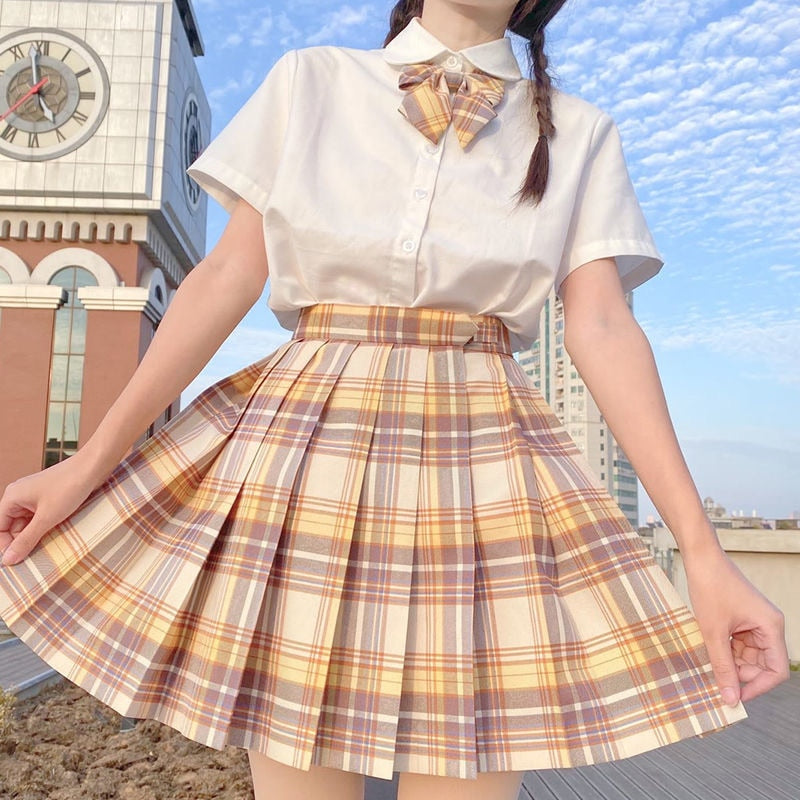 POSHOOT Japanese School Girl Uniform Pleated Mini Skirt School Uniform High Waist A-Line Plaid Skirt Sexy JK Uniforms For Woman Full Set