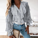 POSHOOT Women's Elegant Shirt Celmia Sexy V Neck Long Sleeve Casual Ruffles Shirt Button Solid Street Blusas  OL Party Tops