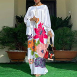 Poshoot  Autumn Dress VONDA 2024 Women O-Neck Long Sleeve Satin Slik Dress Vintage Floral Printed Sundress Bohemian Vestidos Plus Size