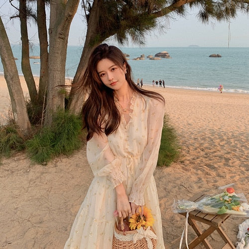 POSHOOT V-Neck Elegant Sweet Dress Women Long Sleeve Chiffon Floral Dress Party Beach Dress For Females Korean Style 2022 Summer Chic