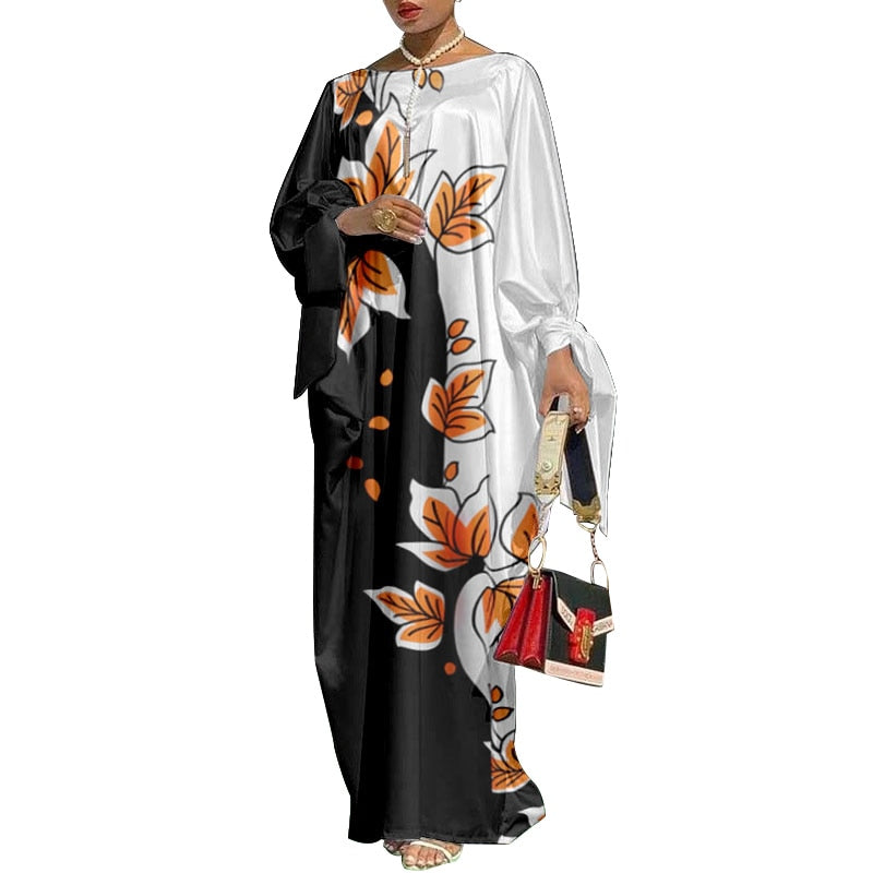 Poshoot  Autumn Dress VONDA 2022 Women O-Neck Long Sleeve Satin Slik Dress Vintage Floral Printed Sundress Bohemian Vestidos Plus Size