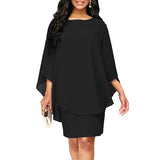 POSHOOT Women Plus Size Ruffles Batwing Half Sleeves Knee-Length Loose Asymmetrical Dress Office Lady Solid Color Chiffon Wrap Hip Dress