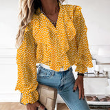 POSHOOT Women's Elegant Shirt Celmia Sexy V Neck Long Sleeve Casual Ruffles Shirt Button Solid Street Blusas  OL Party Tops