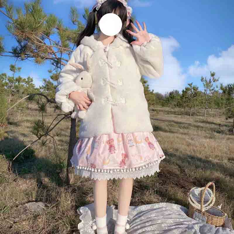 POSHOOT Japanese Sweet Cute Soft Women Short Overcoat Winter Kawaii Girly Rabbit Coat Thick Warm High Quality Lolita Furry Hooded Coat