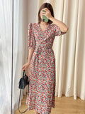 Poshoot 100%Viscose Women Dress Spring / Summer 2022 New Dress Square Collar Floral V-Neck Midi Dress