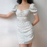 POSHOOT Summer Dresses Retro Boho Women Tie Neck Floral Print Mini Sexy White Dress Elegant Puff Sleeve Sundress Korean Vestidos