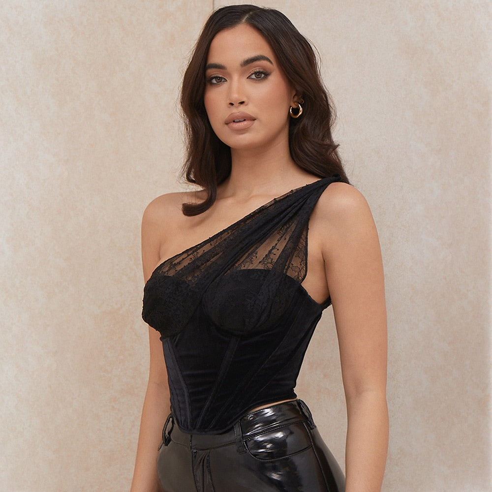 Poshoot  Fashion Black Velvet Lace Corset Top for Women Party  Backless Boned Crop Tops Clubwear Sleeveless Tops Zipper