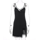 POSHOOT  2023 Sleeveless Lace Patchwork V-Neck  Mini Slip Slit Dress Summer Women Streetwear Outfits Sleep Wear