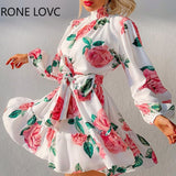 POSHOOT Women High Neck Long Sleeves Rose Print Ruffles Hem Dress Elegant Fashion Chic Dress