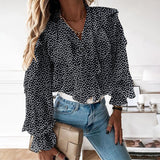 POSHOOT Women's Elegant Shirt Celmia Sexy V Neck Long Sleeve Casual Ruffles Shirt Button Solid Street Blusas  OL Party Tops