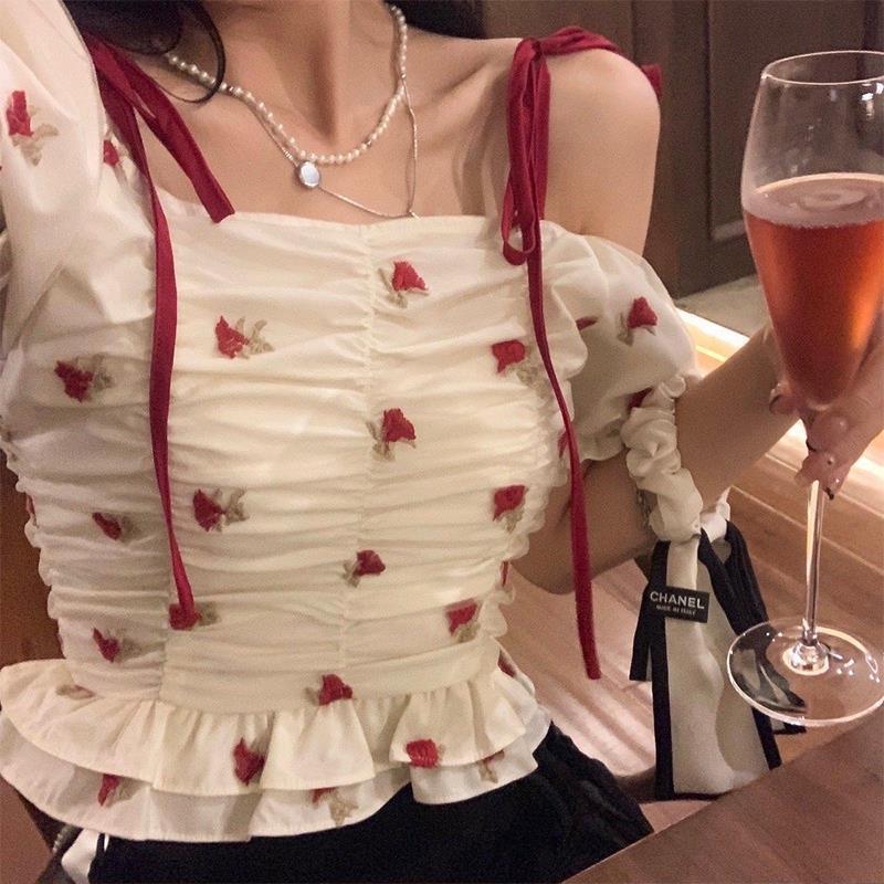 POSHOOT Summer Flower Sweet Elegant Blouse Women Print Backless Sexy Casual Beach Female Blouse France Summer Chic Clothes Korean Ladies