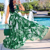 POSHOOT Woman Plus Size Dress V-Neck Sleeveless Spaghetti Strap Green Leaves Print Bandage Casual Loose Big Hem Maxi Dresses