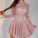 Poshoot  Fashion Chic Bling Glitter Long Sleeve Club Party Dress Mini Backless Hollow Out  Dress Women Autumn Pleated Hot