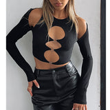 Poshoot   Women Cutout Crop Tops Solid Color T-shirt  Long Sleeve Round Neck Hollow Out Tees with Rings Streetwear Pullovers