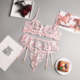 POSHOOT 3-Piece Embroidery Lace Bra Set Women Bow Bra Underwire + Panty Underwear Set Ladies 2 Colors  Sexy Lingerie Set