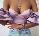 Poshoot  Elegant Ruffles Sleeve Crop Tops Women Strapless Off Shoulder Backless Zipper  Club Party Tops 2023 Summer Clothes