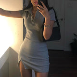 POSHOOT  2023 Short Sleeve Slit  Mini Dress Summer Women Fashion Streetwear Outfits Cute Solid Y2K Party Clothing