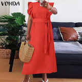 POSHOOT 2022  Women Elegant Office Dress Casual Sexy  Sundress Bohemian Belted Ruffled Party Long Dresses Vestidos Plus Size 5XL