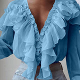 POSHOOT 2022  Solid Ruffles Blouse Women Long Sleeve Tunic Tops Casual Loose Shirt Ladies Elegant Sexy Deep V-Neck Thin Blusas Mujer