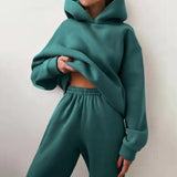 Poshoot Women's Tracksuit Casual Solid Long Sleeve Hooded Sport Suits Autumn Warm Hoodie Sweatshirts And Long Pant Fleece Two Piece Sets