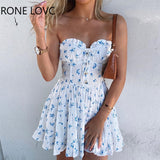 POSHOOT Women Elegant Fashion Sexy Floral Print Bandeau Frill Hem Dress Mini Dress Summer Party Dress