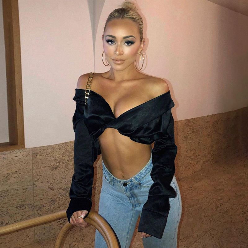 POSHOOT 2022 Summer Autumn Women Fashion Pure Color Long Sleeves Off Shoulder Bodycon Slim Crop Top Sexy Y2K Outfit Female