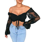 Poshoot  Floral Embroidery Cropped Tops Women Lace Long Sleeve Off-shoulder Blouses Drawstring Front Strapless Tops Solid Color