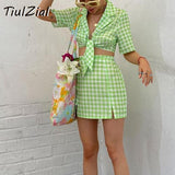 POSHOOT Green Plaid Y2K Women Dress Set Notched Lace Up Crop Top And Mini Skirt Two Pieces One Suit Summer Short Dress E Girl