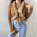 Poshoot    Autumn Winter Faux Fur Trim Long Sleeve T-shirts Front Tie Up Knitted  T shirt Women Cardigan Cropped Top Tee New