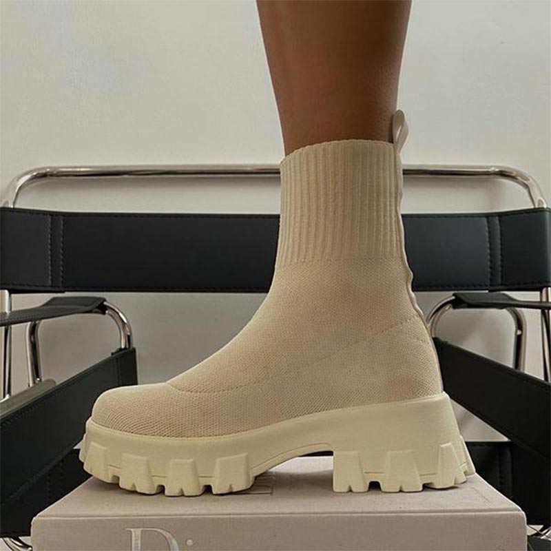 POSHOOT Women Ankle Boots Thick Bottom Knitted Woman Sock Shoes Elastic Fabric Fashion Female Short Boot Autumn Ladies Footwear 2022 New