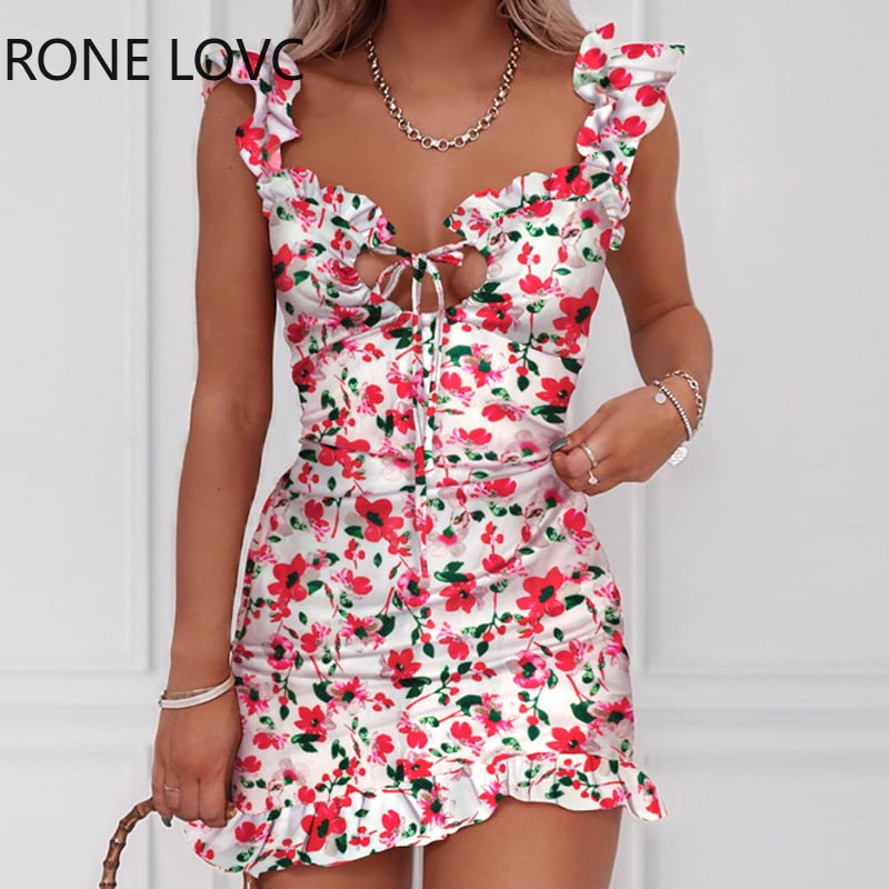 Women  Spaghetti Strap Floral Print Tied Detail Ruffles Dress  Mini Dress Bodycon Elegant Fashion Sweet Dress