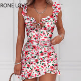 Women  Spaghetti Strap Floral Print Tied Detail Ruffles Dress  Mini Dress Bodycon Elegant Fashion Sweet Dress