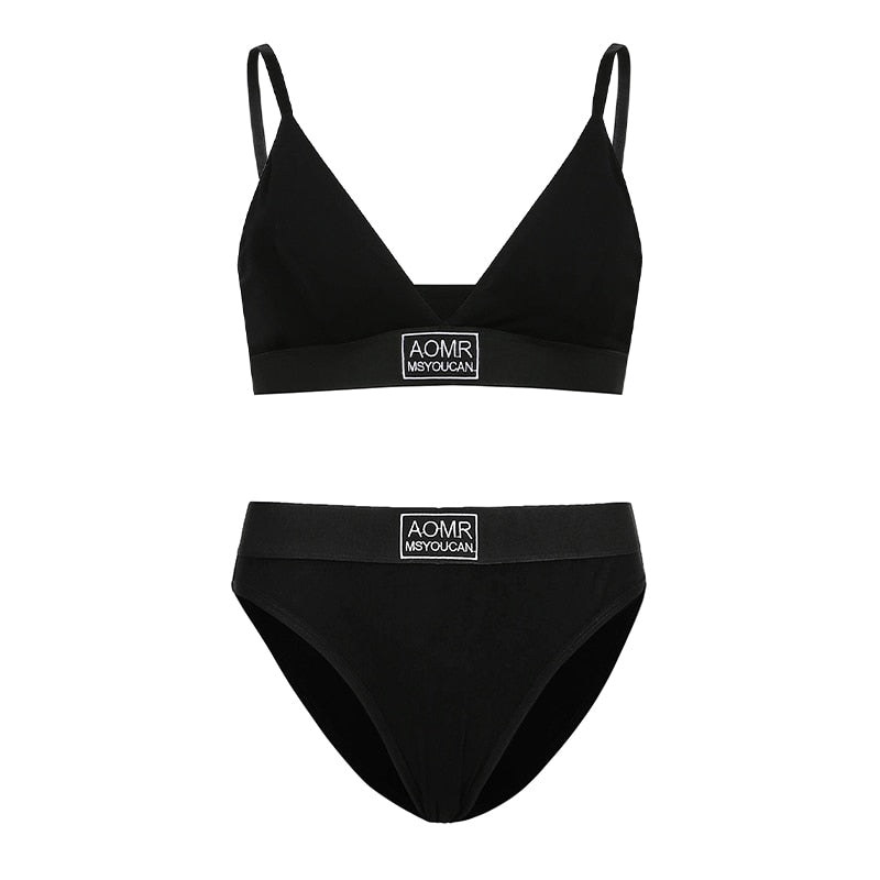 Poshoot   Letter Embroidery Black Basic Bra And Brief Sets  Women Intimates Underwear Summer Camis Lingerie Low Waisted Panty