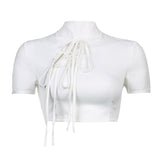 Poshoot  Chinese Style  Slim Bandage Dress Set Women Hollow Out Short Sleeve Crop Tops Drawstring Split High Waisted Skirts