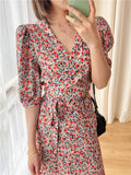 Poshoot 100%Viscose Women Dress Spring / Summer 2022 New Dress Square Collar Floral V-Neck Midi Dress