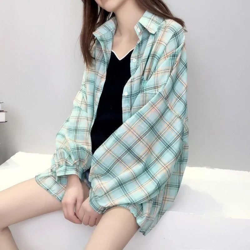 Women Blouses Korean Thin Plaid Loose Shirts Female Daily Streetwear Cute Student Clothing Fashion Vintage Girl Shirt Outwear